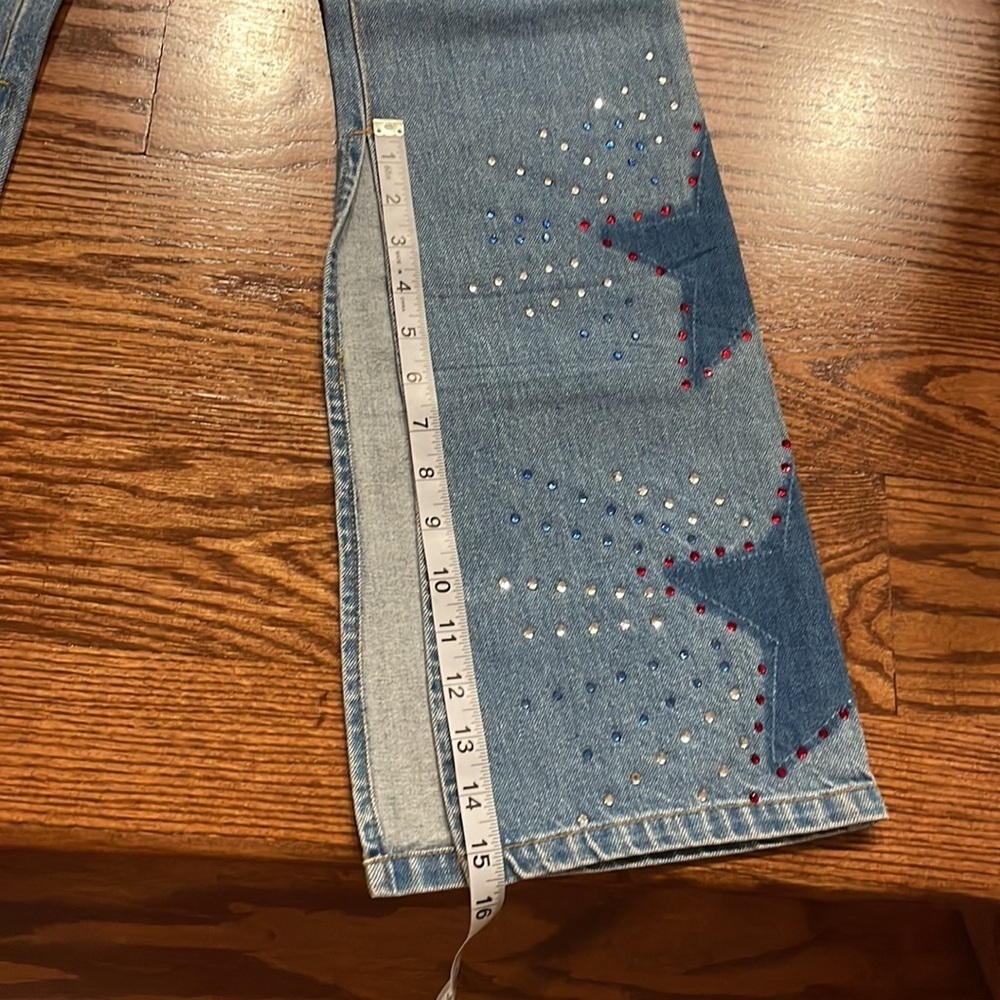 NWT TOMMY JEANS VINTAGE woman’s Star dazzle rhinestone flare  jeans high slits 9 - Picture 14 of 17
